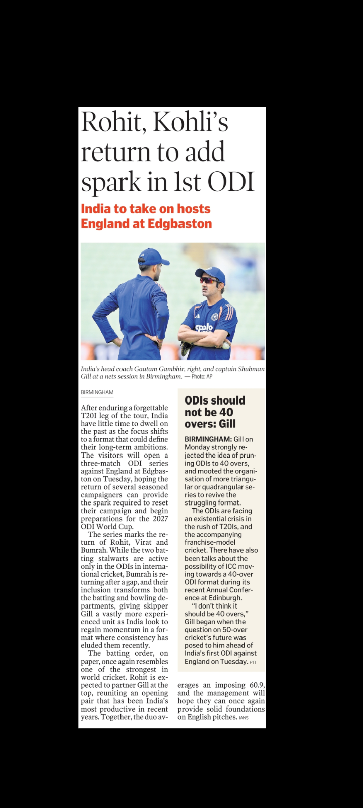 Rohit, Kohli’s return to add spark in 1st ODI 🏏
