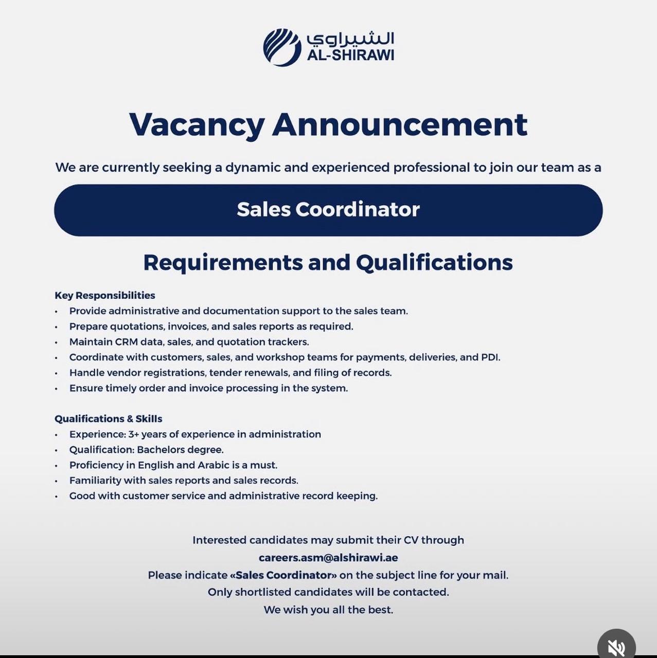 Sales Coordinator  required in UAE