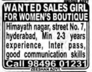 sales girl required - HYD