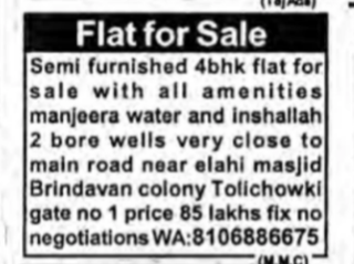 Semi-Furnished 4 BHK for sale in Tolichowki