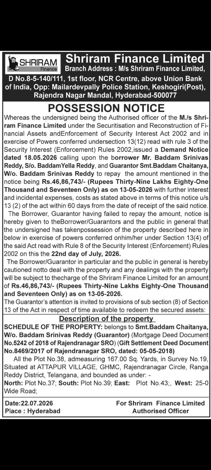 Shriram Finance – Possession Notice