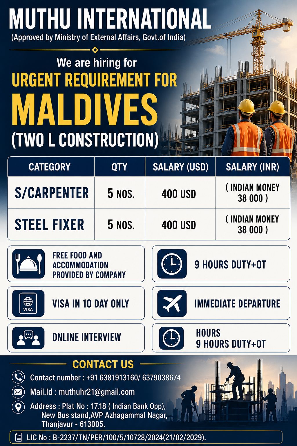 Shuttering Carpenter & Steel Fixer required in Maldives 🇲🇻