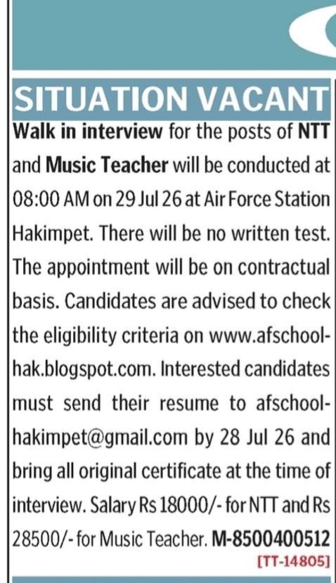 💼 SITUATION VACANT- Hiring NTT & Music teacher