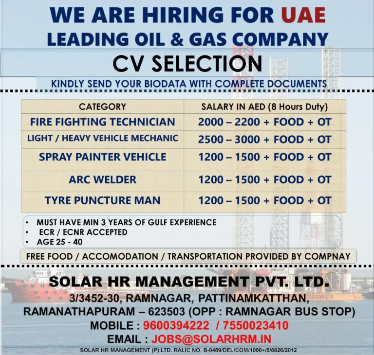 Solar HR Management Pvt. Ltd. – Oil & Gas Jobs (UAE)
