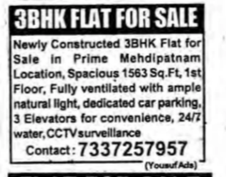 Spacious 3 BHK in Prime Area for sale in Mehdipatnam