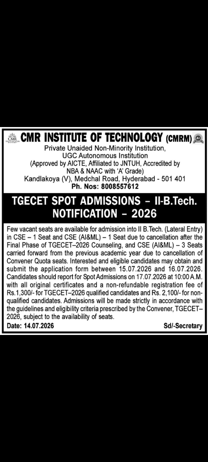 🎓 Spot Admission Notification 2026 🎓