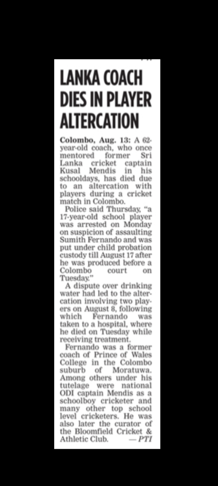 Sri Lankan Cricket – Coach Dies Following Altercation
