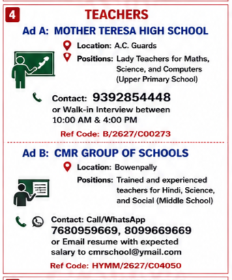teachers required in Hyderabad