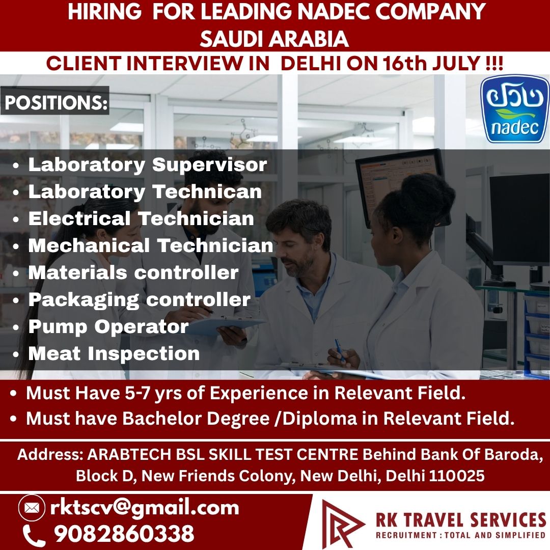 Technical & Lab Staff for NADEC Company 🇸🇦
