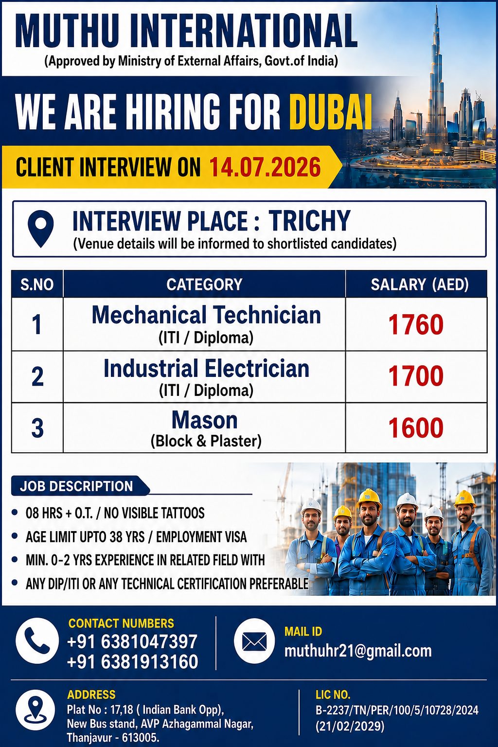 Techs & Masons required in Dubai