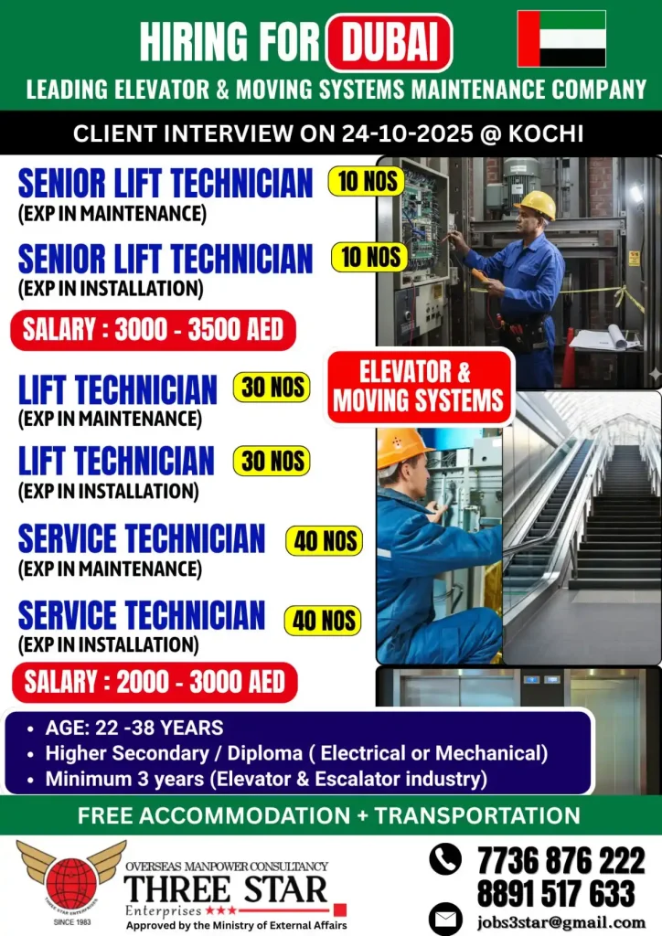 Three Star Enterprises – Elevator & Moving Systems Technicians (Dubai)