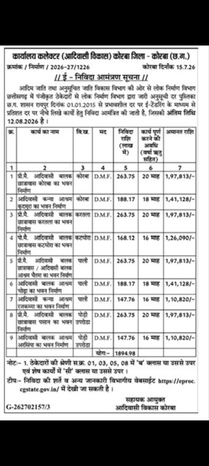 E-Tender Notice: Invitation for Tribal Welfare Hostel Construction