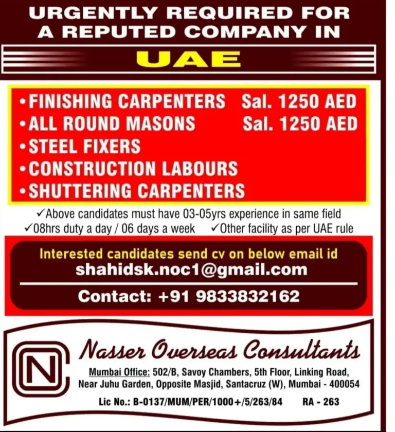 UAE: Construction & Carpentry Roles (Fixed Salary)