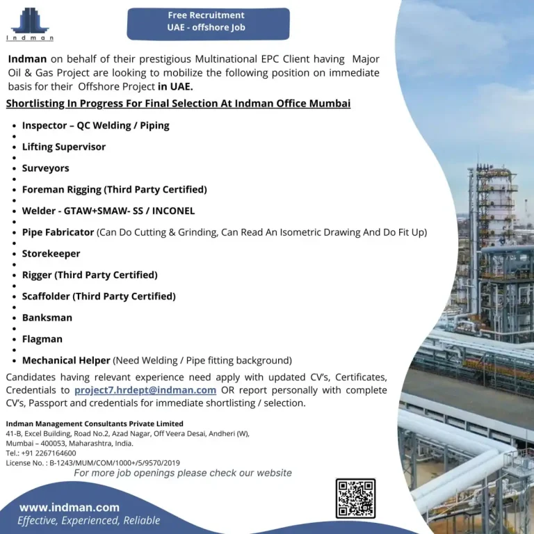 UAE – Offshore Oil & Gas Project (INDMAN – FREE Recruitment)