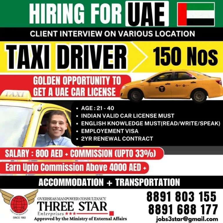 UAE – Taxi Driver Vacancies (Three Star Enterprises – 150 Openings)