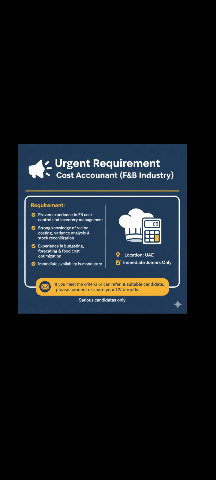 📢 Urgent Hiring – Cost Accountant (F&B) at UAE