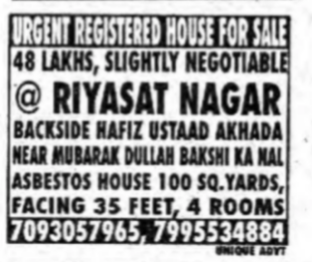 Urgent Registered House for Sale in Riyasat Nagar