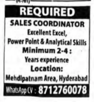 urgent required sales coordinator
