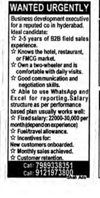 Urgently required business development executive - HYD