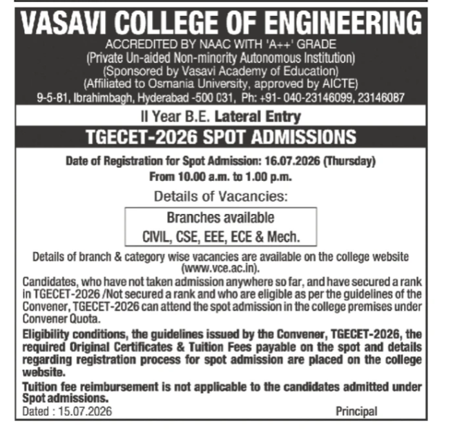 Vasavi College of Engineering TGECET-2026 Spot Admissions 🎓