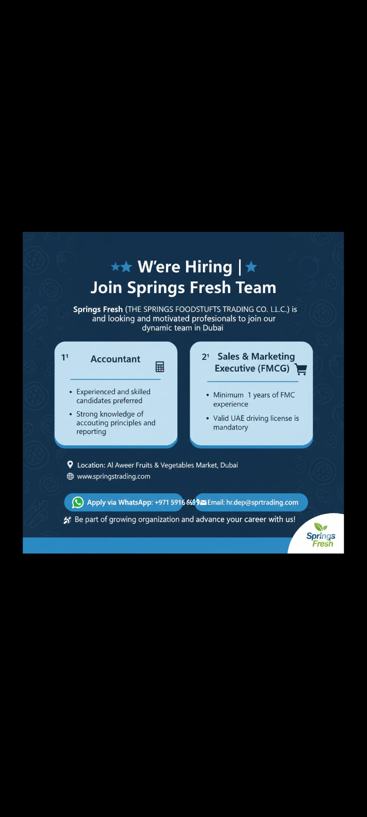 We’re Hiring | Springs Fresh – Dubai