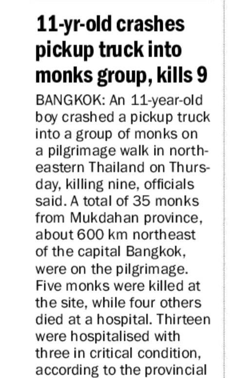 11-yr-old crashes pickup truck into monks group, kills 9