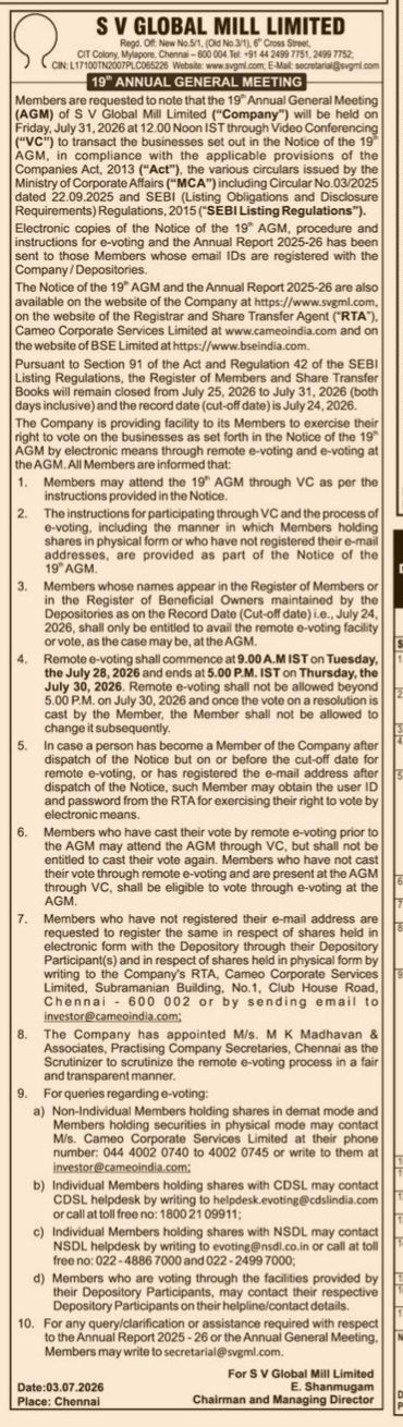 19th annual general meeting of S V GOLBAL