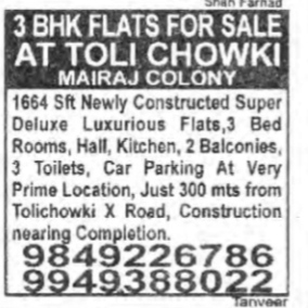 3 BHK Flats for Sale at Toli Chowki
