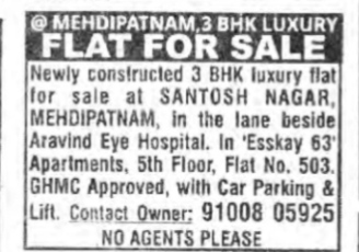 3 BHK Luxury Flat for Sale in Mehdipatnam