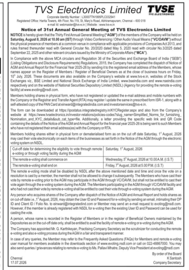 31ST AGM OF TVS  EKECTRONICS LIMITED