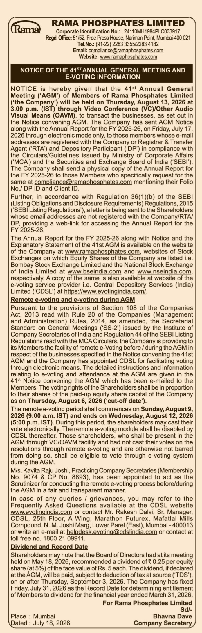 41AGM OF RAMA PHOSPHATE LIMITTED