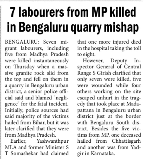7 labourers from MP killed in Bengaluru quarry mishap