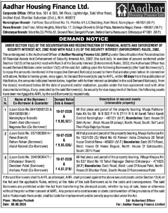 Aadhar Housing Finance Ltd. Demand Notice (August 2026)
