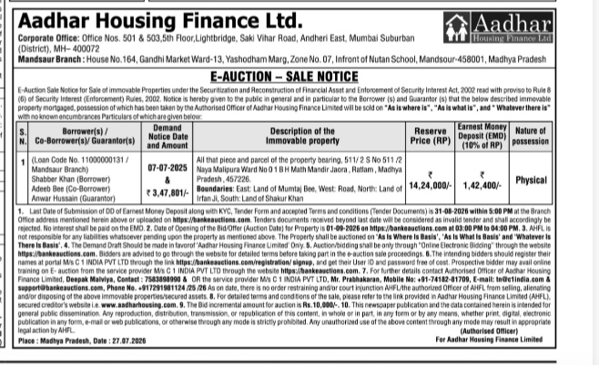Aadhar Housing Finance Ltd. E-Auction Sale Notice