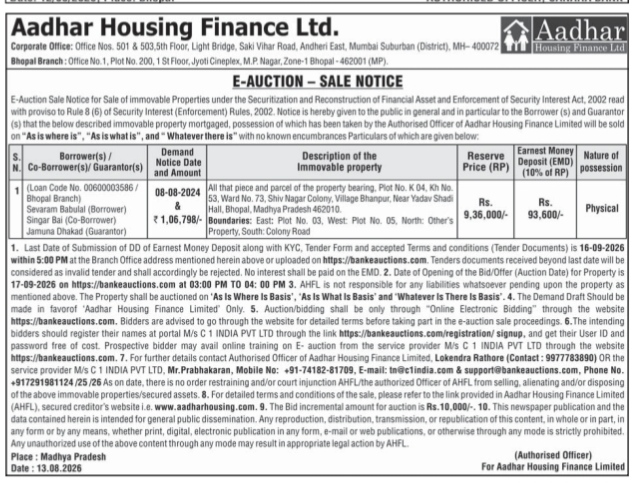 Aadhar Housing Finance Ltd. E-Auction Sale Notice