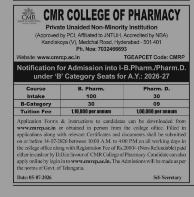 ACADEMIC ADMISSION OF CMR COLLEGE OF PHARMACY