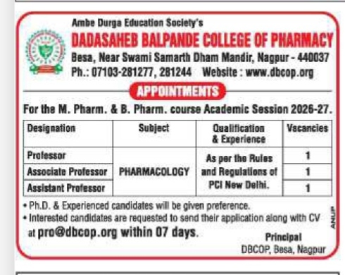 ACADEMIC ADMISSION OF DADASAHEB BALPANDE COLLEGE OF PHARMACY
