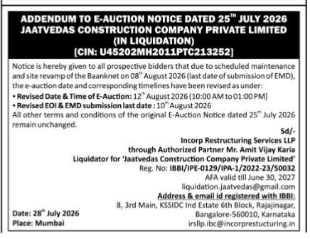 Addendum to E-Auction Notice: Jaatvedas Construction Company Private Limited (In Liquidation)