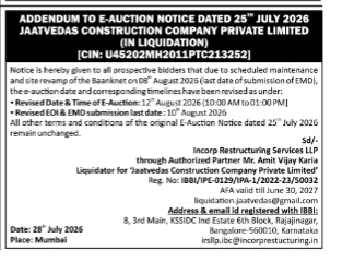 Addendum to E-Auction Notice - Jaatvedas Construction Company Private Limited