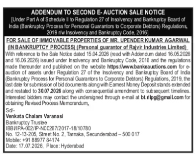 Addendum to Second E-Auction Sale Notice