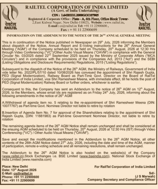 Addendum to the Notice of the 26th Annual General Meeting of RailTel Corporation of India Limited