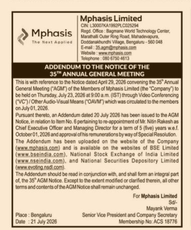 Addendum to the Notice of the 35th Annual General Meeting of Mphasis Limited.