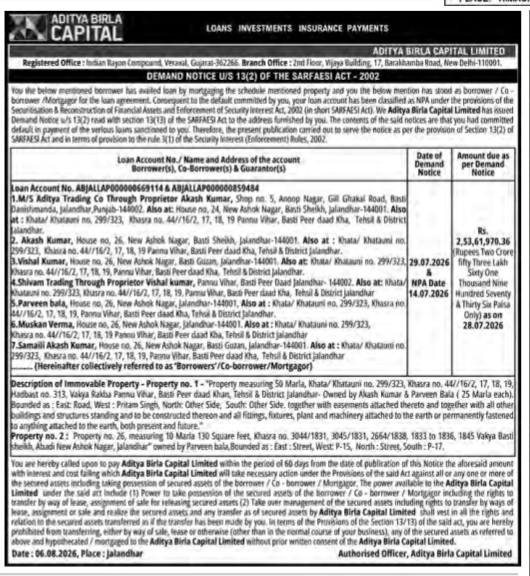 Aditya Birla Capital Demand Notice (SARFAESI Act)