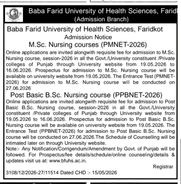 Admission Notice for M.Sc. & Post Basic B.Sc. Nursing 2026