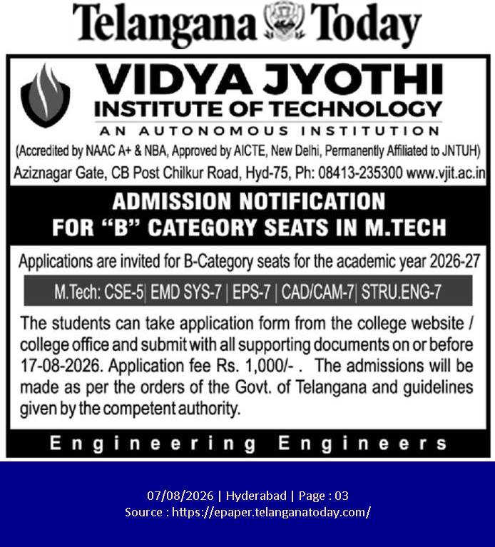 Admission Notification for B-Category M.Tech Seats (2026-27) at Vidya Jyothi Institute of Technology