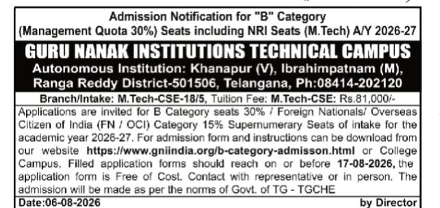 Admission Notification for Management Quota ("B" Category) Seats at Guru Nanak Institutions Technical Campus (2026-27)
