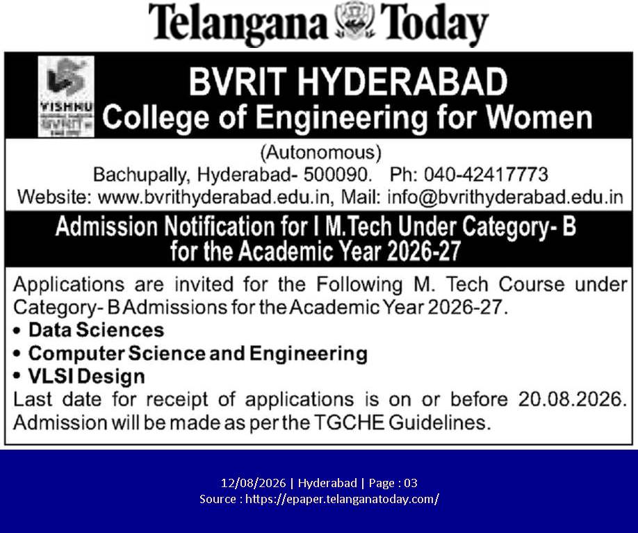 Admission Notification for M.Tech at BVRIT HYDERABAD (2026-27)