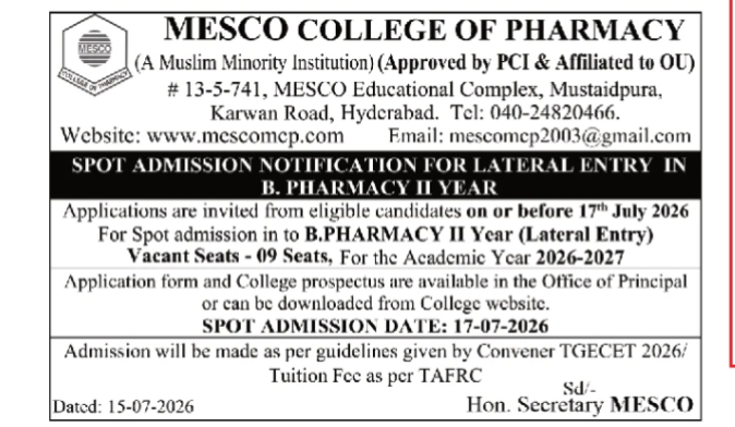 ADMISSION  OPEN-MESCO COLLEGE OF PHARMACY
