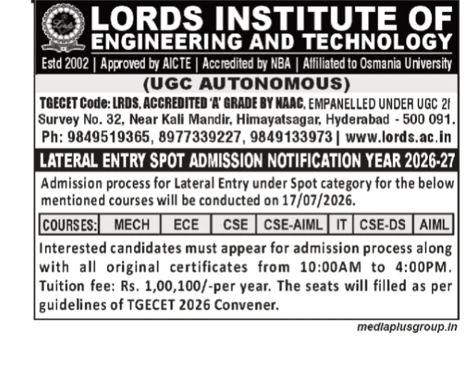 ADMSSION OPEN- LORDS INSTITUTE OF ENGINEERING AND TECHNOLOGY