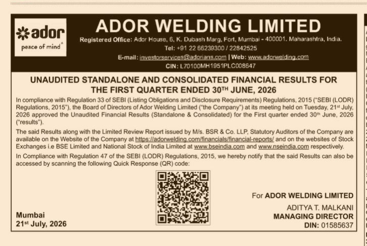 Ador Welding Limited Q1 FY2026-27 Financial Results Announcement